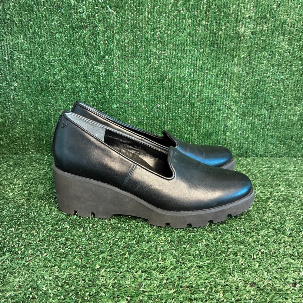 Vionic Willa Wedge Leather Orthotic Lug Sole Comfort Loafers Black Womens 7.5 M